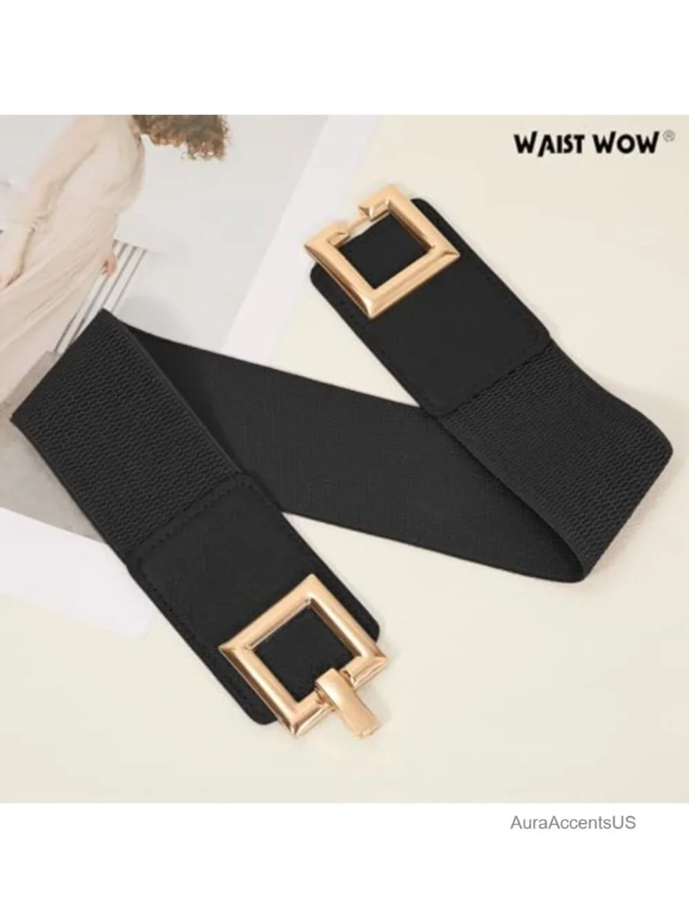 Wide Stretchy Elastic Belt with Interlocking Gold Buckle for Dresses